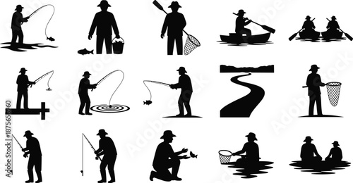 Fishing and boating silhouette set, anglers with rods nets boats, river lake activities, outdoor sport people illustration