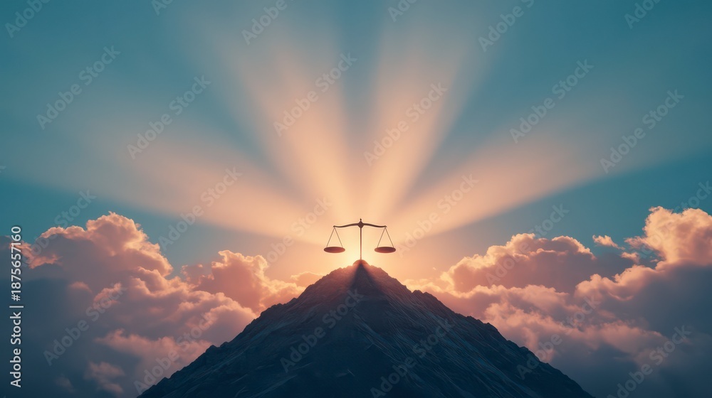 Obraz premium A majestic mountain with a scale symbol at its peak, illuminated by a radiant sunrise, symbolizing balance and justice.