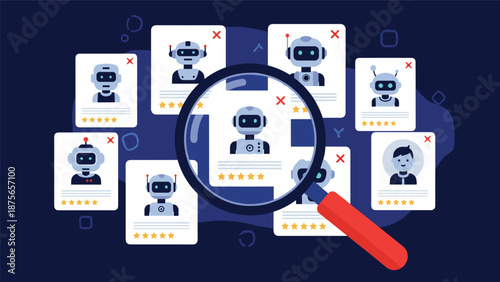 Human resources uses a magnifying glass to review various robot and human employee profiles to select the best candidate for a role.