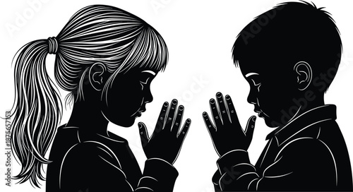 Little boy and girl silhouettes praying together with hands raised faith innocence childhood spirituality vector illustration isolated background
