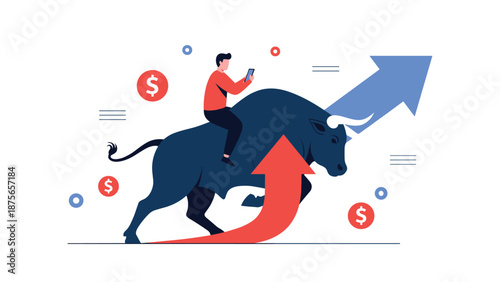 Investor riding a charging bull alongside rising financial arrows to illustrate a bullish stock market trend and profitable investments.
