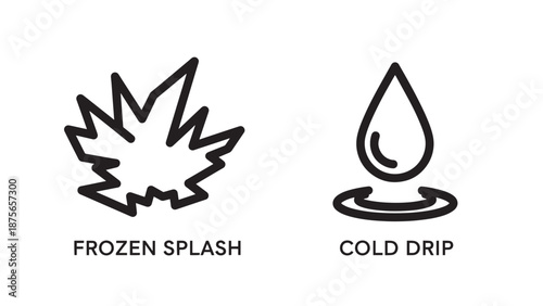 Cold temperature liquid icons including a sharp frozen splash and a chilling cold water drip for beverage and refrigeration concepts.