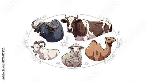 Diverse collection of farm animals including cow, camel, sheep, goat, and water buffalo.