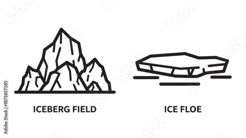 Polar landscape elements icons showcasing a large iceberg field and a flat floating ice floe in arctic or antarctic waters.