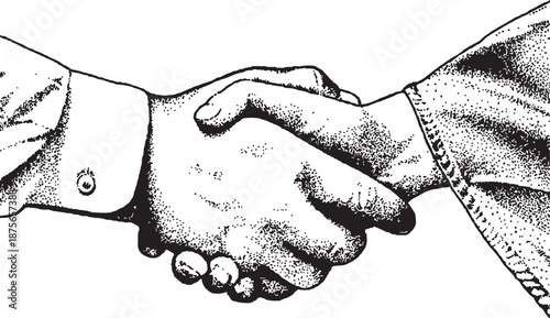 Vintage handshake illustration isolated on white background. Detailed engraved human hands symbolizing agreement, trust, and partnership. Classic business and cooperation concept for print, branding, 