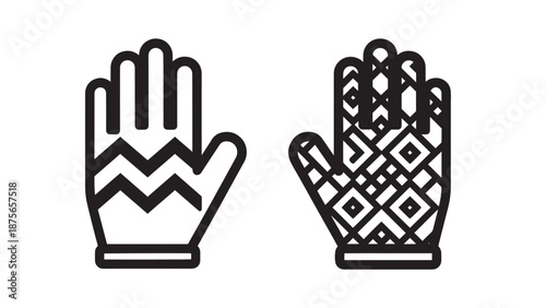 Minimalist Line Art Illustration of Winter Gloves and Patterned Mittens for Cold Weather Protection