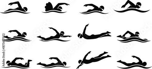 Silhouettes of Swimmers Performing Various Strokes with Water Waves Isolated on White Background for Aquatic Sports Design