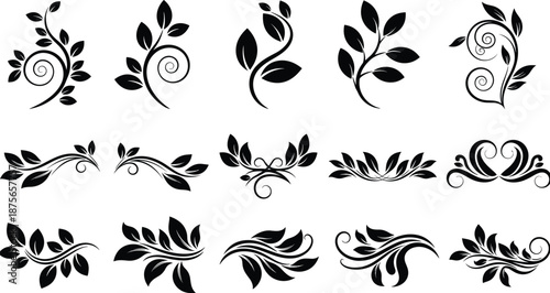 Floral decorative swirl leaf ornaments collection with botanical vines and elegant foliage elements black vector illustration set