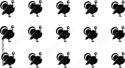 Silhouette vector set of turkeys in identical poses, ideal for farm, poultry, decoration, and educational use