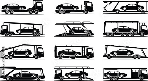 Car carrier truck silhouette set isolated on white background, automobile transport trailers side view, vehicle logistics and car delivery transportation illustration collection