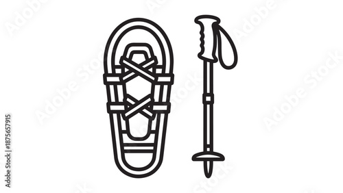 Snowshoe and trekking poles icons, equipment for winter hiking and snowshoeing adventures.