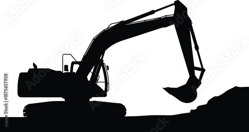 Excavator silhouette digging soil isolated on white background, heavy construction machinery side view, industrial earthmoving equipment for mining and building work