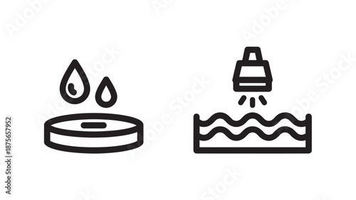 Droplets on a petri dish and a shower over wavy water, representing liquid samples and testing or cleaning.
