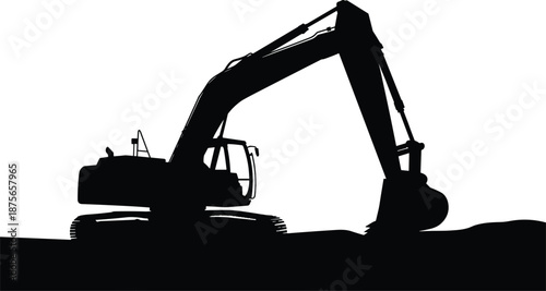 Excavator silhouette working on construction site isolated on white background, heavy earthmoving machinery side view, industrial digging equipment illustration concept