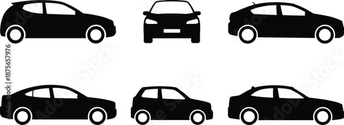 Set of 6 car silhouette icons including hatchback, sedan, and compact styles, ideal for automotive and transport design themes.
