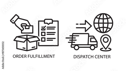 Order Fulfillment and Dispatch Center Icons: Shipping Process Icons for Logistics and E-commerce