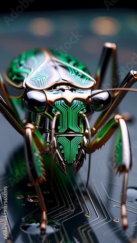 Cybernetic insect on circuit board: futuristic technology concept