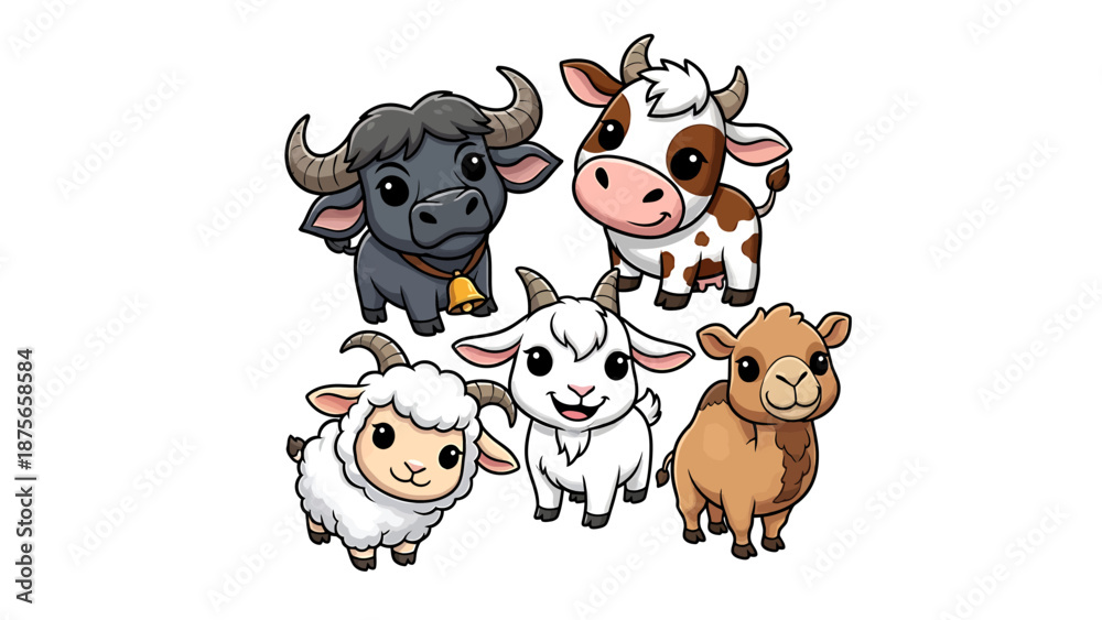 Obraz premium Adorable collection of five cartoon farm animals including a cow, goat, sheep, buffalo, and camel.