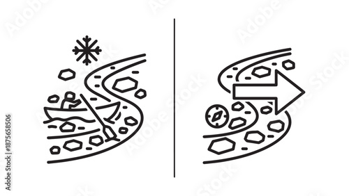 River Rafting and Navigation Icons: Adventure and Exploration Symbols