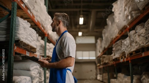Wallpaper Mural Medium shot of an employee updating linen inventory data on a tablet showcasing mobile access to cloud management tools for onthego service monitoring. Torontodigital.ca