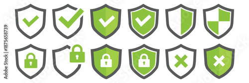 Shield security icons collection, protection and privacy symbols with check mark and lock for cybersecurity safety design applications interfaces branding