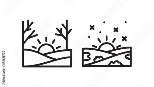 Stylized line art icons depicting a winter landscape with bare trees and a sun rising, contrasted with a snowy hill and stars at night.