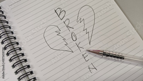 Quadro em tela Emotive Composition with Broken Heart and Word BROKEN in Spiral Notebook for The