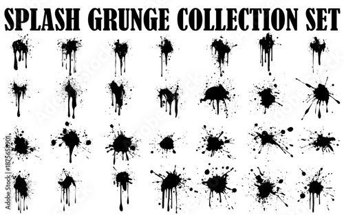 Grunge ink splatter. Splash of paints, spray drops staining and frame with wet paint drop traces  set. Illustration splash and drip design, silhouette blob spray collection. 