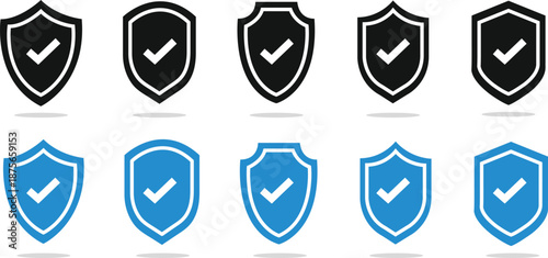 Large collection of shield icons with checkmarks featuring various line weights and solid styles for cybersecurity protection data safety and verified security