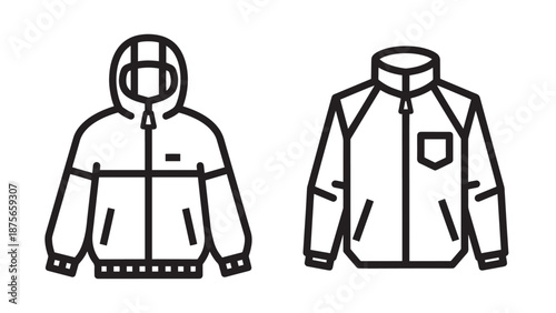 Vector icons of a hooded jacket and a collared jacket, representing outerwear and clothing styles.