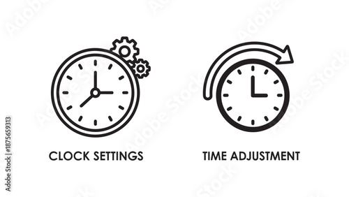 Outline icons showing clock settings with gears and time adjustment with a circular arrow.