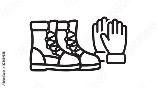Outline icons of sturdy boots and gloves, ideal for winter sports, work, or outdoor activities.