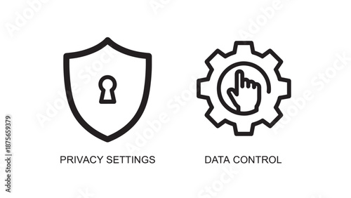Icons symbolizing privacy settings with a shield and keyhole, and data control with gears and hand.