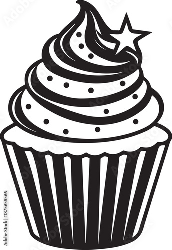Cupcake illustration with swirls and star on top with polka dots and wrapper