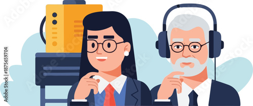 Two dedicated professionals wearing headsets collaborate during a simultaneous translation or recording session in a modern studio setting on transparent background