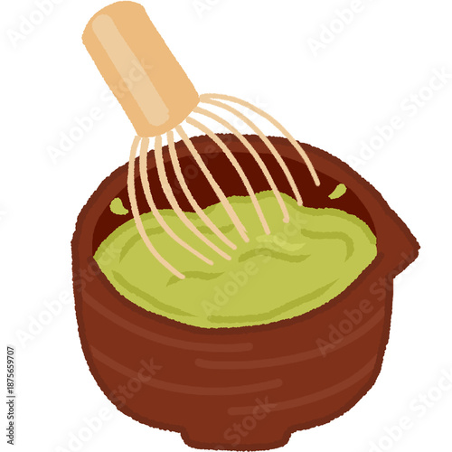 Hand Drawn Matcha Whisking in Wooden Bowl Illustration