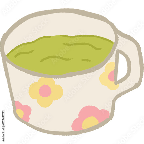 Cute Japanese Matcha Bowl with Floral Pattern Illustration
