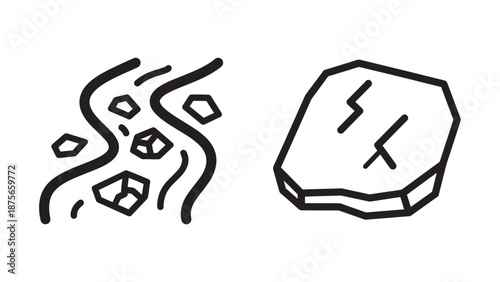 Abstract line art icons of a flowing river with stones and a flat, cracked stone, symbolizing nature and geology.