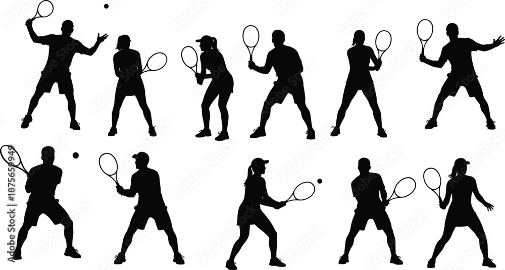Fototapeta premium Silhouette set of tennis players in dynamic action poses with rackets and balls, ideal for sports design, technique illustration, or motion studies.