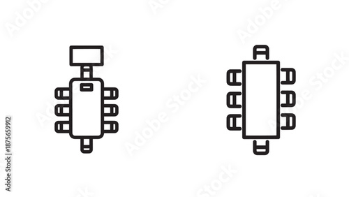 Stylized line icons of a conference table setup for virtual meetings and a traditional board room table, representing collaboration.