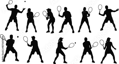 Silhouette set of tennis players in dynamic action poses with rackets and balls, ideal for sports design, technique illustration, or motion studies.