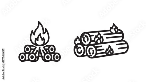 Campfire and Stacked Firewood Icons for Outdoor Gathering, Camping, and Warmth