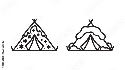 Decorated Tent and Snow-Covered Tent Icons Representing Camping, Outdoors, and Seasonal Themes