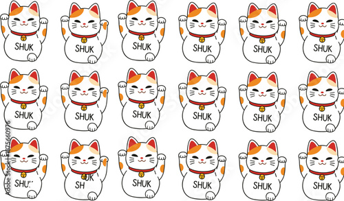 Cute Lucky Cat Maneki Neko Vector Pattern with Repeating Smiling Japanese Fortune Cats in Flat Cartoon Style