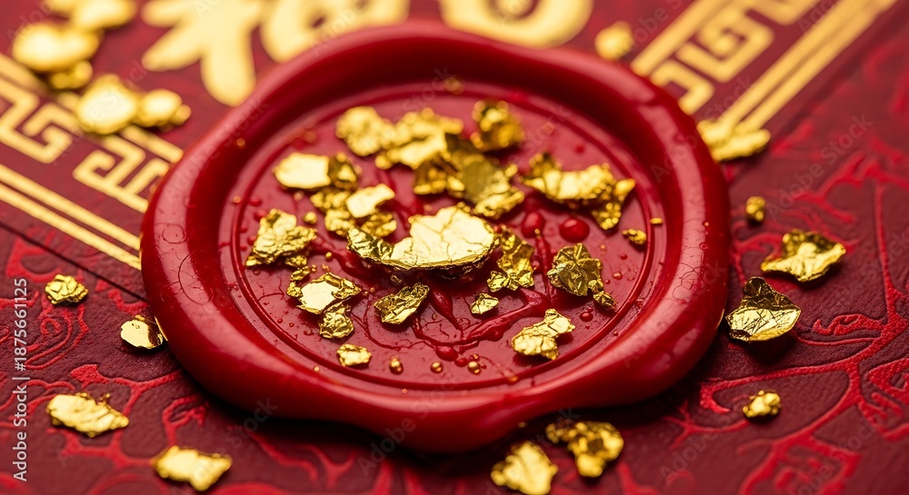 Fototapeta premium Luxury Red Wax Seal Filled with Gold Flakes on Festive Chinese Background