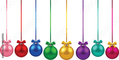 Colorful hanging Christmas ball ornaments with ribbons, glossy festive decorations set isolated on white background