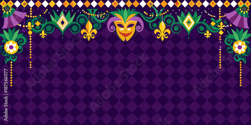 mardi gras colorful mask and fleur de lis on purple background