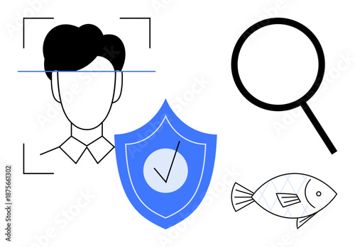 Portrait under facial detection frame, shield with checkmark, magnifying glass, and fish diagram. Ideal for technology, security, research, biometrics, data protection analysis identification