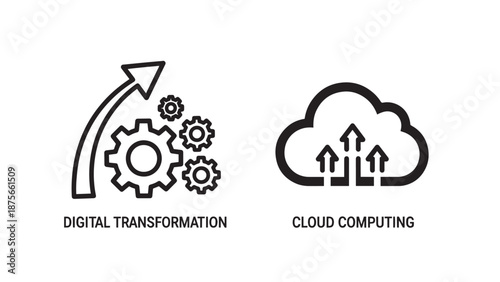 Icons representing digital transformation and cloud computing concepts for technology and business.