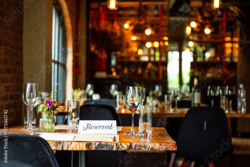 Foto Cozy restaurant with reserved sign on table, elegant decor, and warm lighting